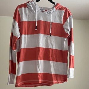 Striped Long-Sleeve Hoodie Top - Coral & White